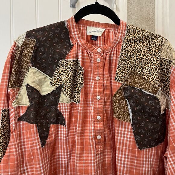 Universal Thread Orange Plaid Mixed Print Sewn Patchwork Custom Top Womens Sz L - Picture 2 of 11